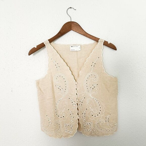 ASOS Linen Blend Scallop Embroidered Neutral Vest Blouse New XS - Picture 4 of 7